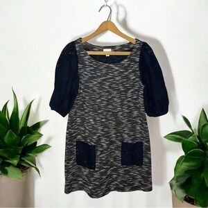 POSTMARK Anthropologie Tweed Black Lace Puff Sleeve Shift Shirt Dress